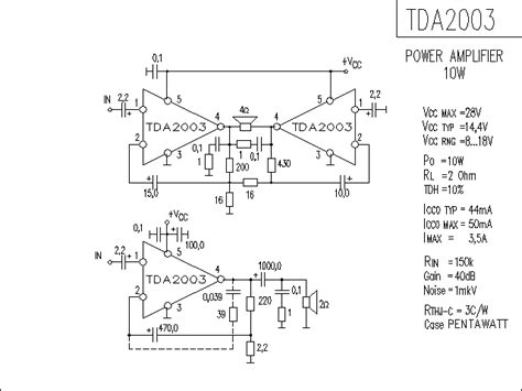 It use two pieces of amplifier ic tda2030 (you may use lm1875 as subtitute/replacement). TDA2003 | GES-ELECTRONICS