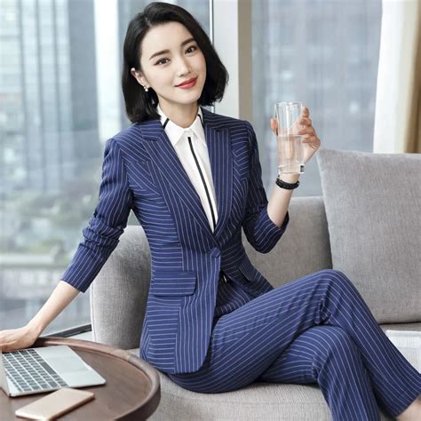 Spring New Professional Women S Suits Korean Fashion Striped Suit Chaps Serving White Collar