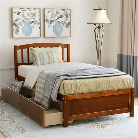 Twin Platform Bed Frame With Storage Drawers Walnut Twin Bed Frame