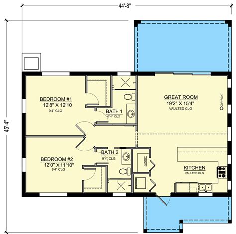Rectangular 2 Bedroom Tiny Home Plan With 2 Outdoor Spaces 65719bs