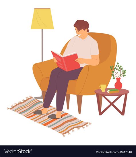 Man Reading Book At Home Person Sitting On Chair Vector Image