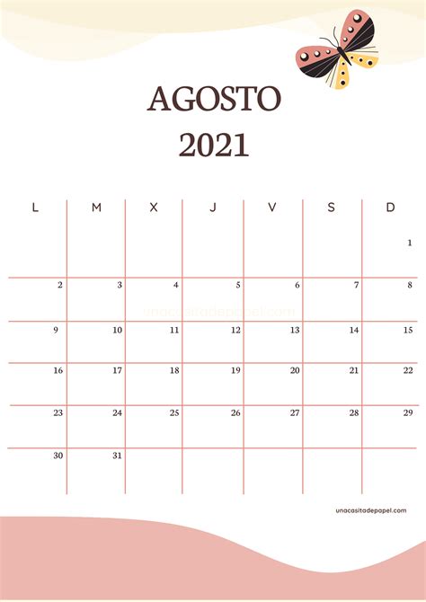 Calendario Agosto 2021 Para Imprimir GRATIS Una Casita De Papel