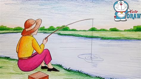 How to draw easy and simple scenery for beginners with oil pastels. How to draw scenery of fishing step by step - YouTube