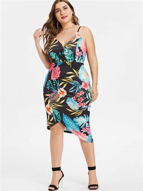 Wipalo Plus Size 5xl Tropical Print Bodycon Dress Sleeveless Spaghetti Strap Floral Sundress