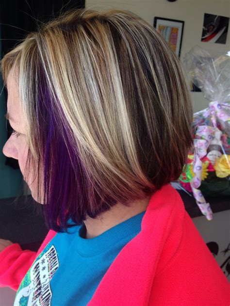 just a pop of purple peek a boo purple with blonde highlights longer angled bob salon a go go