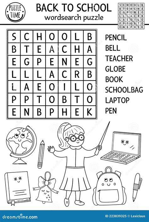 Vector Black And White Back To School Wordsearch Puzzle For Kids