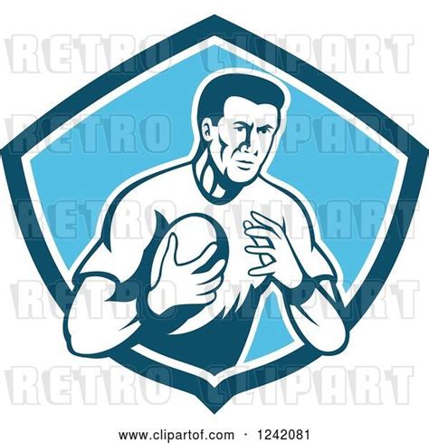 Vector Clip Art Of Retro Male Rugby Player With A Ball In A Blue Shield