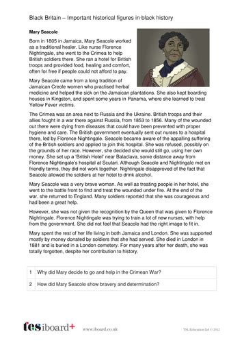 Mary Seacole Profile And Writing Task Black History In Britain Ks2