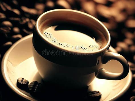 Coffee Cup With Steaming Hot Espresso Drink And Coffee Beans Around