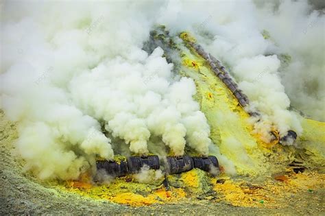 Sulfur Mine Inside Crater Of Ijen Volcano Photo Background And Picture