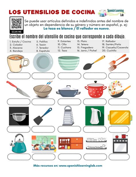 Los Utensilios De Cocina En Español Hoja De Trabajo En Pdf