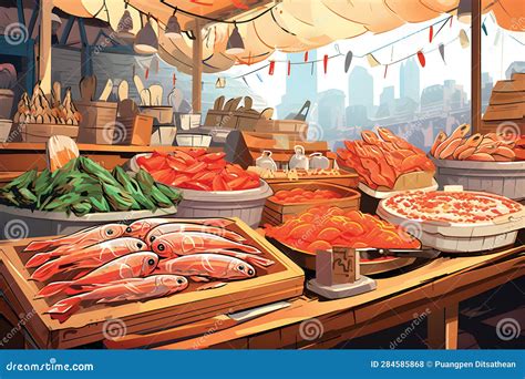 Flat Seafood Market Concept With Plate Of Sea Food GenerativeAI Stock