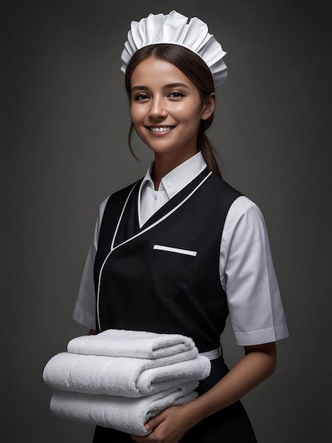 Premium Ai Image Hotel Maid In Uniform Holding Stack Of Clean Towels