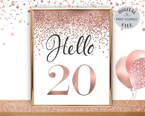 Printable 20th Birthday Table Sign Hello 20 Rose Gold Etsy