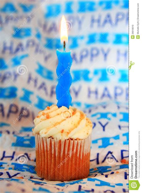 Happy Birthday Cupcake With Blue Wavy Candle Stock Photo Image Of