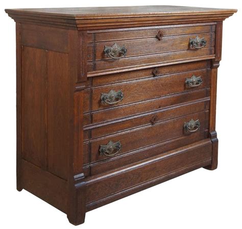 Antique 1880s Aesthetic Movement Oak 3 Drawer Victorian Dresser Or