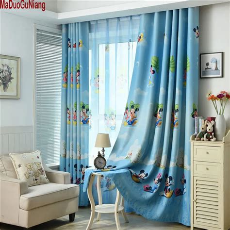 Blue Mickey Mouse Printed Kids Curtains For Boy Bedroom Children Room