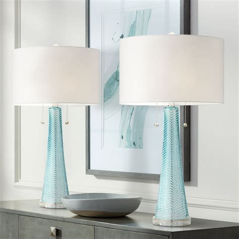 Possini Euro Design Modern Table Lamps Set Of 2 Light Sky Blue Fluted