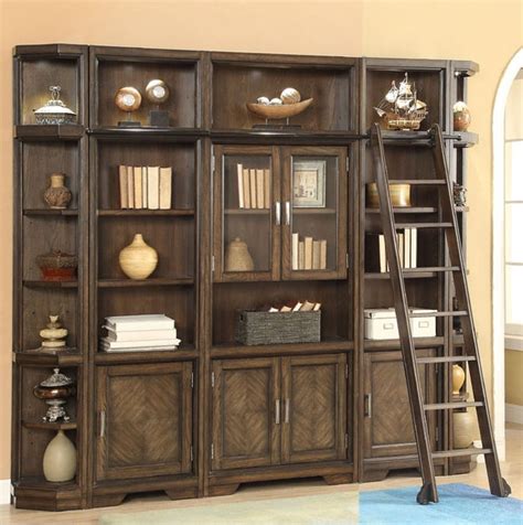 Meridien 5 Piece Bookcase Library Wall In Burnished Dark Ash Finish By