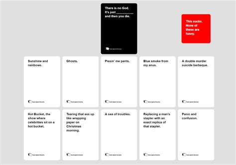A party game for horrible people. Cards Against Humanity Online Game - Play Cards Against Humanity Online Online for Free at YaksGames