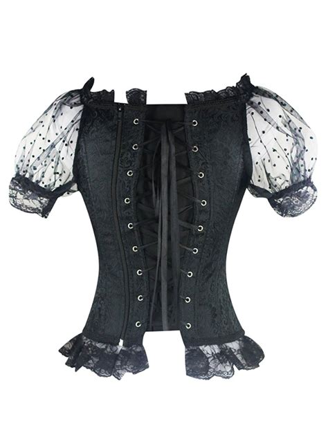 Black Lace Corsets Square Neck Short Sleeve Ruffles Printed Lace Up