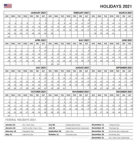 Us Federal Holidays 2021 List Template Holidays Calendar