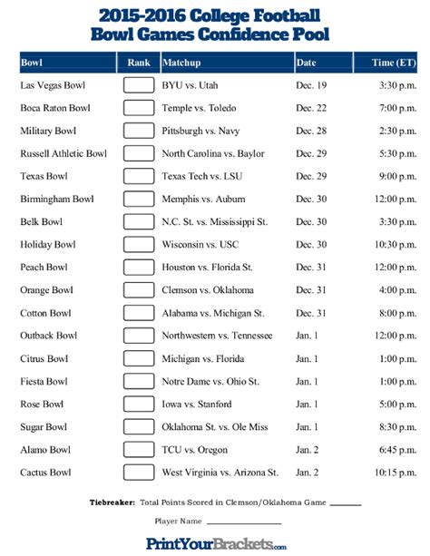 College Football Bowl Games Confidence Pool Sheet Printable Gambaran