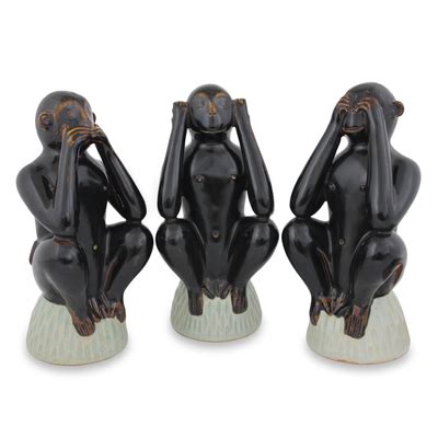 Handmade Brown Celadon Ceramic Monkey Figurines Set Of 3 Monkeys