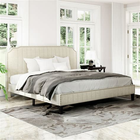 Cream Upholstered Platform Bed King Size Bed Frame With Solid Wooden