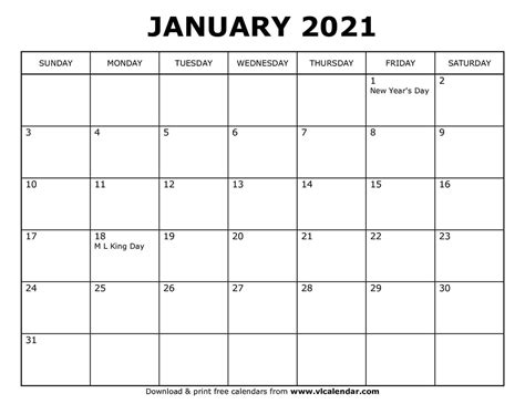 January 2021 Free Printable Monthly Calendar 2021 Uk 65 Printable