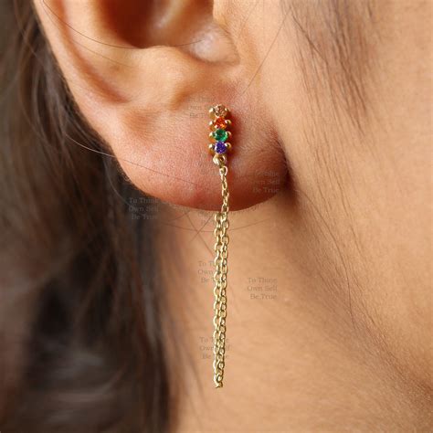 Multi Stone Chain Earringssolid K Gold With Genuine Etsy