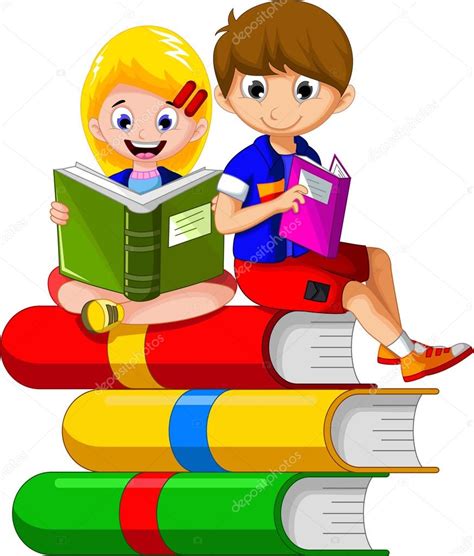 Child Reading Book While Sitting On Stack Of Books Other Cartoon For