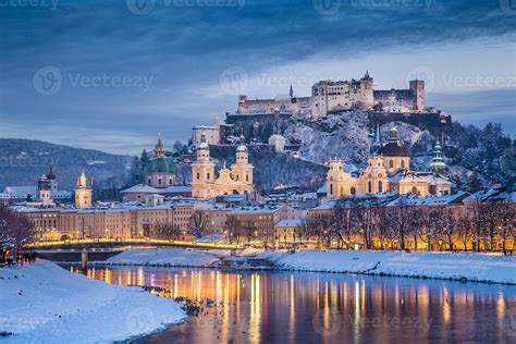 Historic City Of Salzburg In Winter At Dusk Austria 1401018 Stock