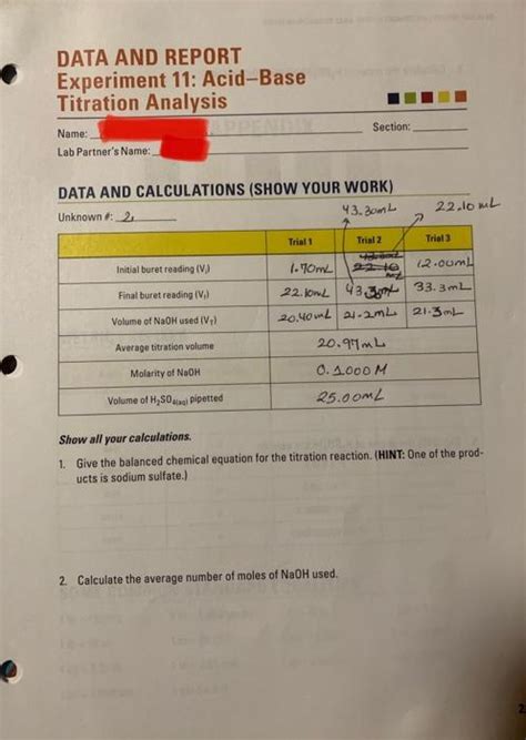 Solved Data And Report Experiment Acid Base Titration Chegg Com