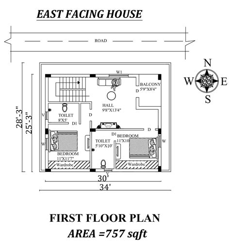 34x283 First Floor East Facing House Plan As Per Vastu Shastra
