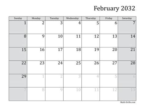 2032 Monthly Calendar