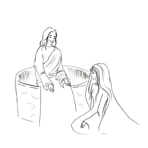 Jesus With A Samaritan Women In Christianity Bible Story Hand Drawn Illustration Stock