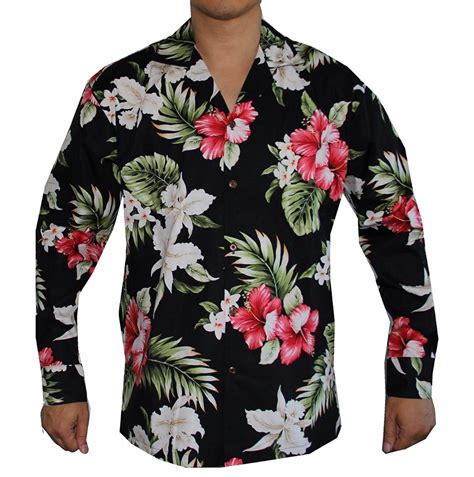 Men S Long Sleeve Island Flowers Hawaiian Aloha Shirt Black