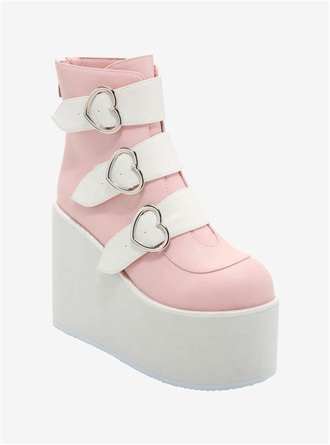Pink And White Heart Buckle Platform Boots In 2022 Platform Boots