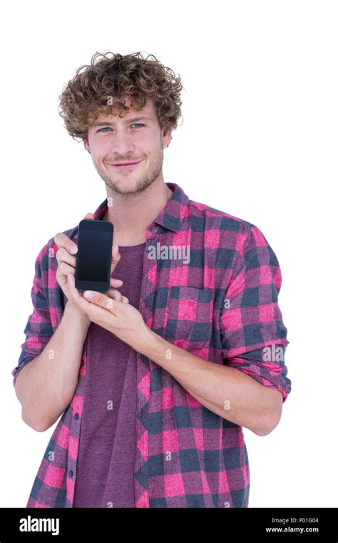 Happy Handsome Man Showing His Smartphone Stock Photo Alamy