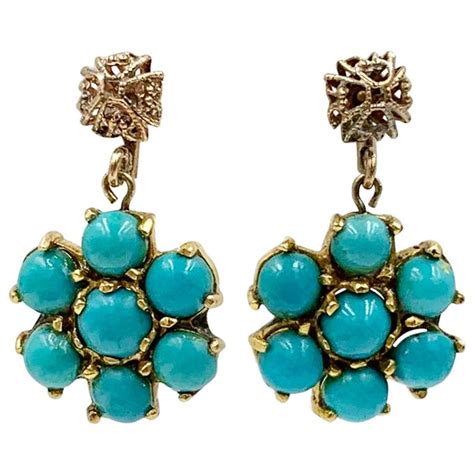 Persian Turquoise Dangle Drop Flower Earrings Karat Gold Art Deco