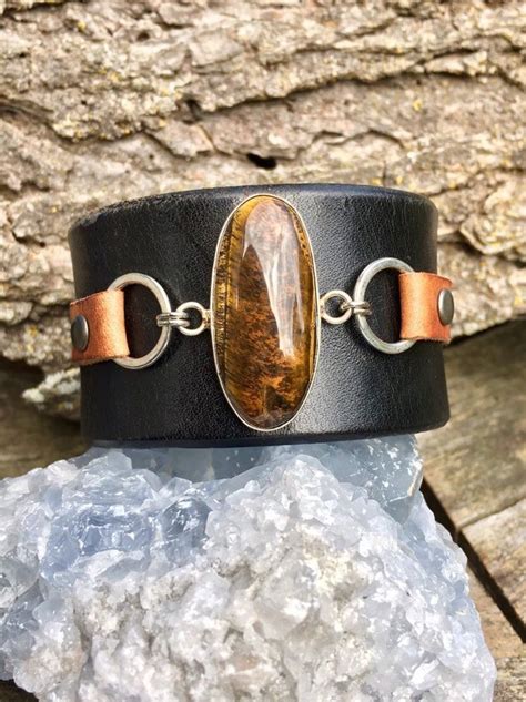 Handmade One Of A Kind Leather Cuff Bracelet With Tiger Eye Stone