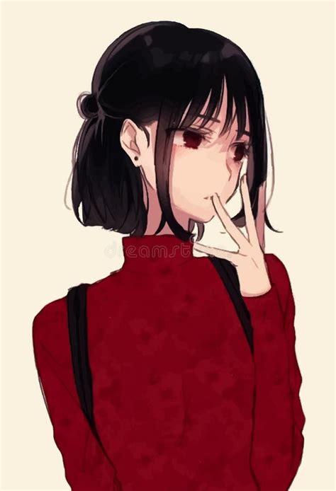 Anime Girl With Black Hair And A Red Sweater Stock Vector