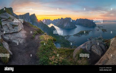 Spectacular Sunset Panorama From Reinebringen Lofoten Islands Norway