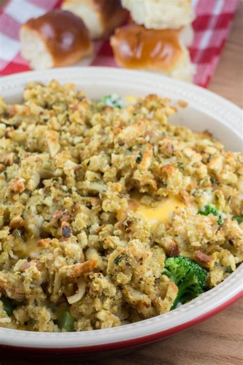 The casserole starts off with broccoli and chicken. Cheesy Broccoli Stuffing Casserole - Brooklyn Farm Girl