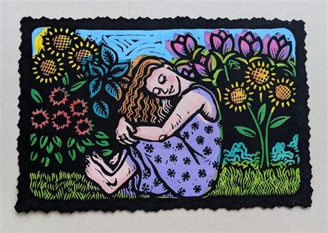 Girl In The Garden By Anita Hagan Original Linocut Etsy