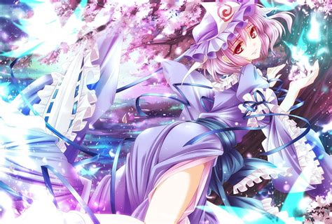 Hd Wallpaper Video Games Touhou Cherry Blossoms Trees Dress Butterfly Ribbons Pink Hair Glowing