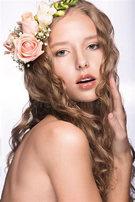 Woman Face And Flowers Over White Girl Makeup Portrait Stock Photo
