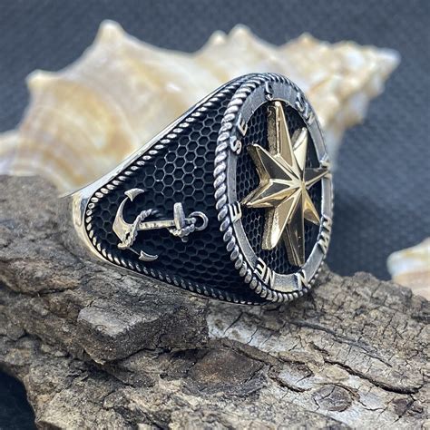 Sterling Silver Compass Nautical Signet Ring Silver Gold Ring