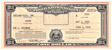 Series 1939 Us Postal Savings System Certificate Reissued Paper